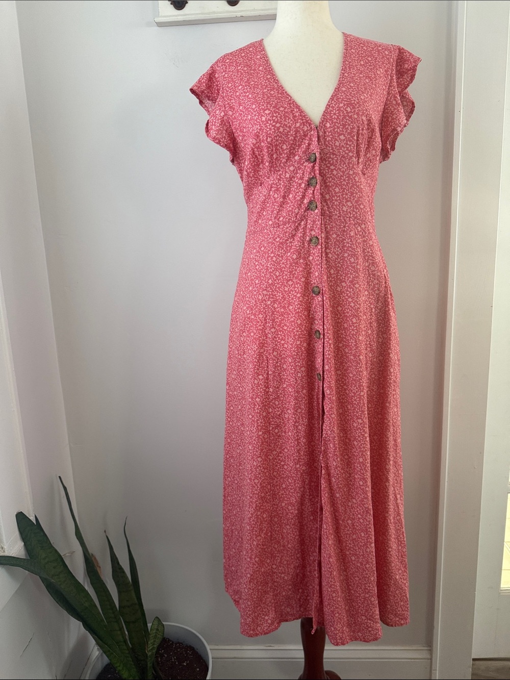 Marine Layer Pink Floral Button-Front Maxi Dress Hemp Feminine Classic Boho